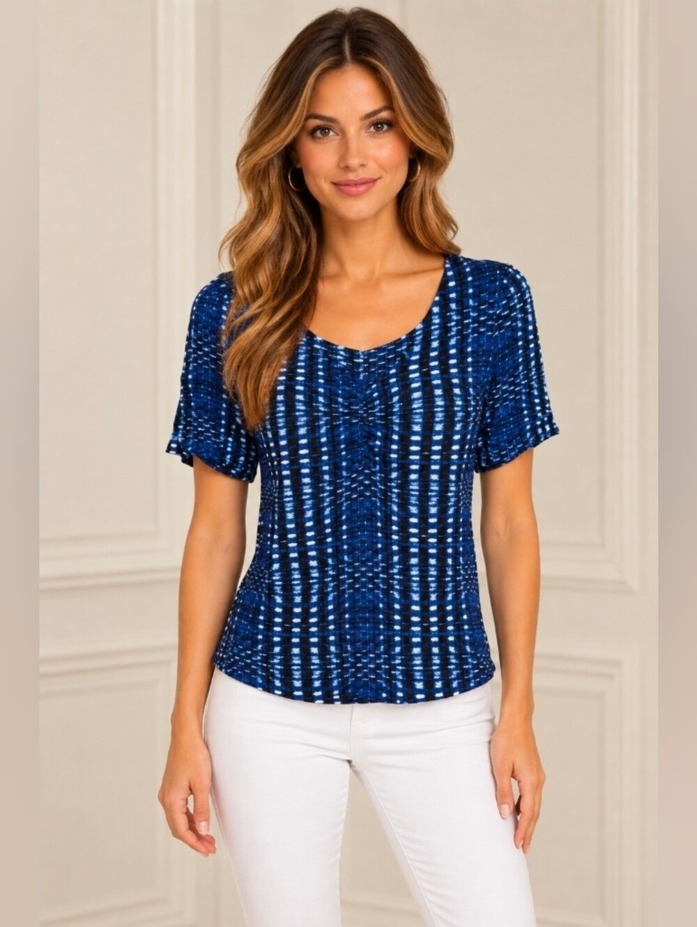 LOFT Blue Patterned Short Sleeve Scoop Neck Top